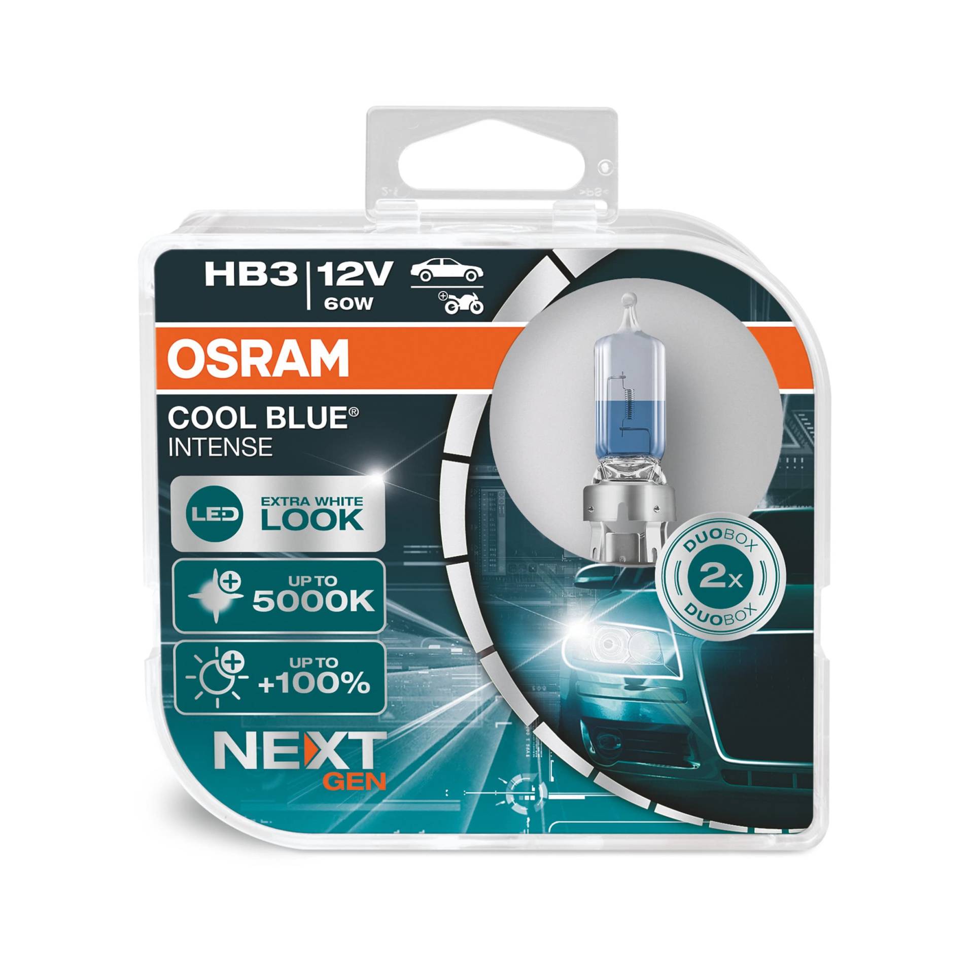 OSRAM 9005CBN-HCB Cool Intense Hb3, 100 Prozent Mehr Helligkeit, Bis Zu 5.000K, Halogen Scheinwerferlampe, Led-Look, Duo Box (2 Lampen), Blau von Osram