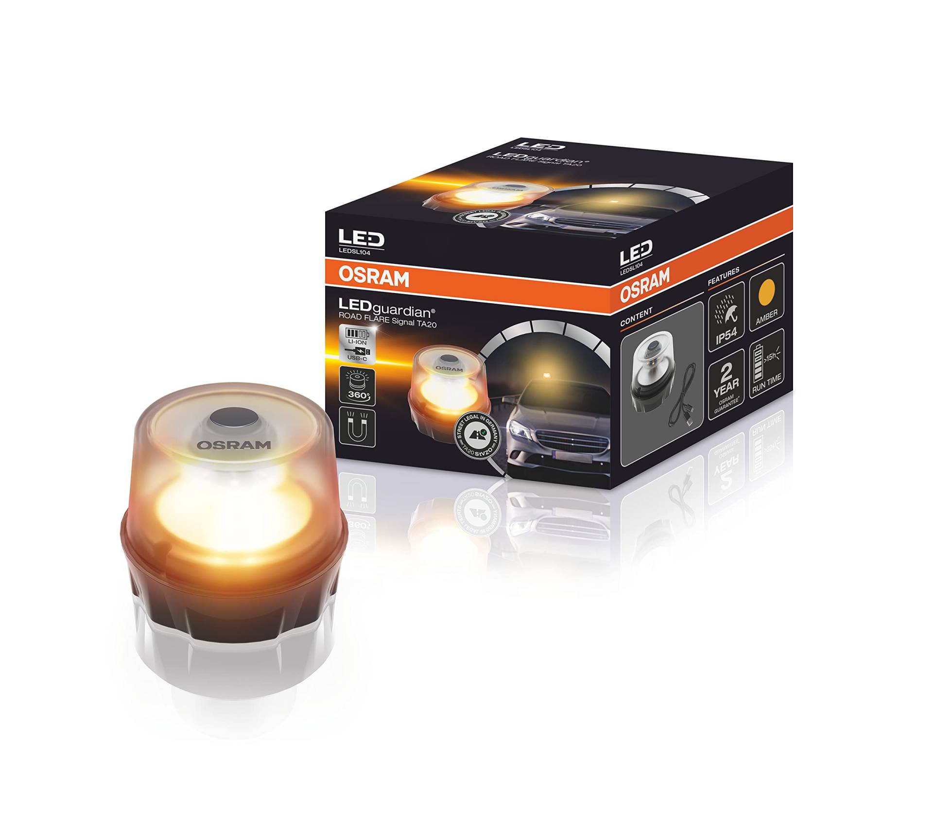 OSRAM LEDguardian® Road Flare Signal TA20, LEDSL104, wiederaufladbare magnetische LED-Warnleuchte mit Straßenzulassung, 2000K, anwendbar in Notsituationen im Straßenverkehr von Osram