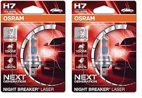 Osram NIGHT BREAKER LASER H7, +150% mehr Helligkeit, Halogen-Scheinwerferlampe, 64210NL-01B, 12V PKW, Single Blister (1 Lampe) (Packung mit 2) von Osram