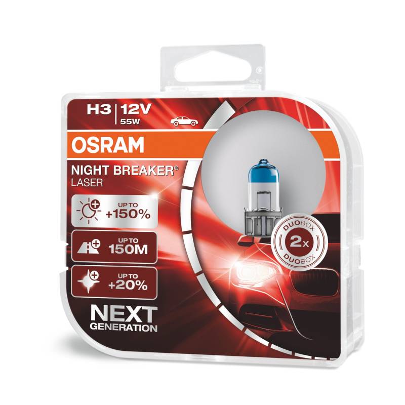 OSRAM NIGHT BREAKER LASER H3, +150% mehr Helligkeit, Halogen-Scheinwerferlampe, 64151NL-HCB, 12V PKW, Duo Box (2 Lampen) von Osram