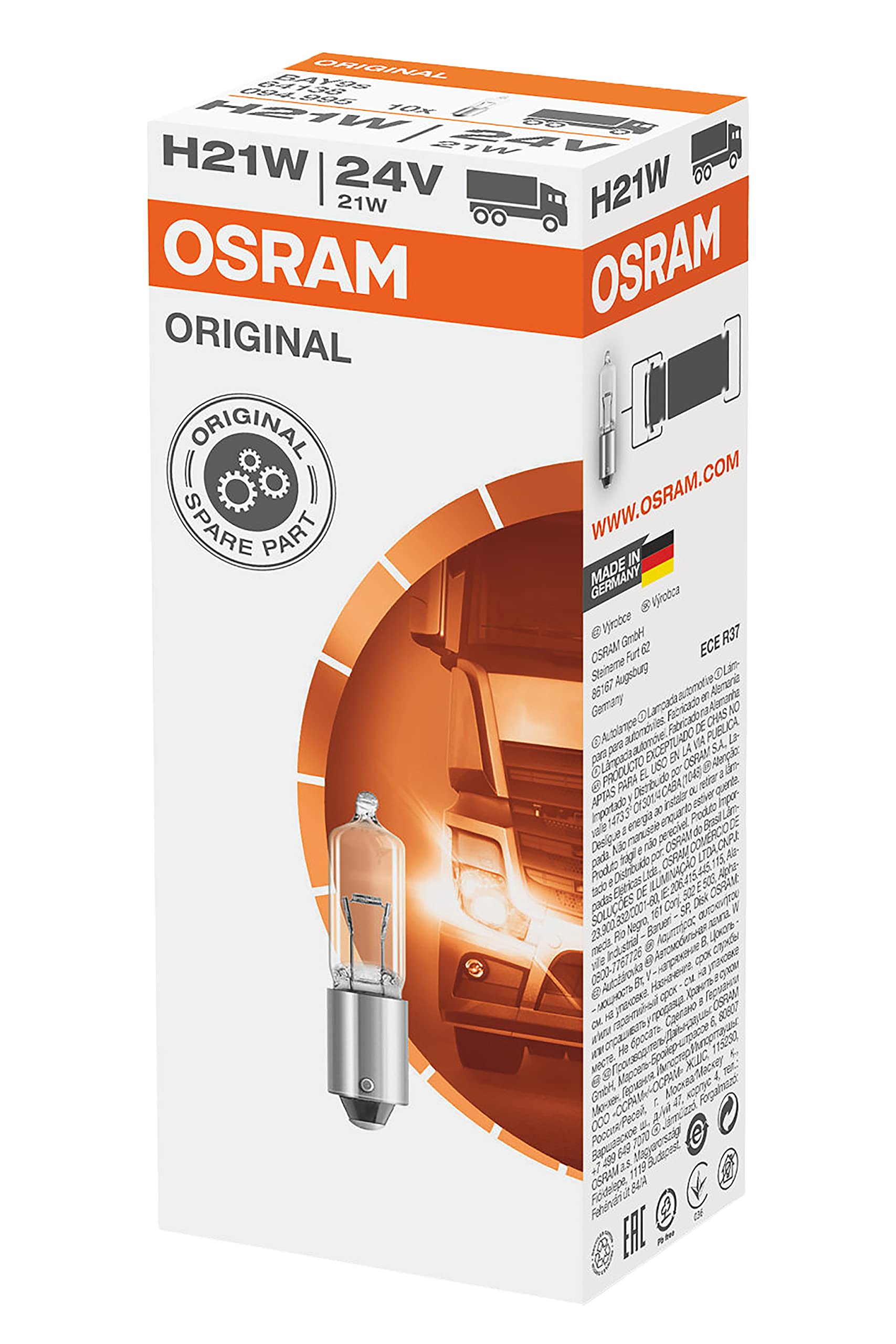 Osram ORIGINAL H21W, Sonderlampe, 64138, 24V, 10er Faltschachtel von Osram