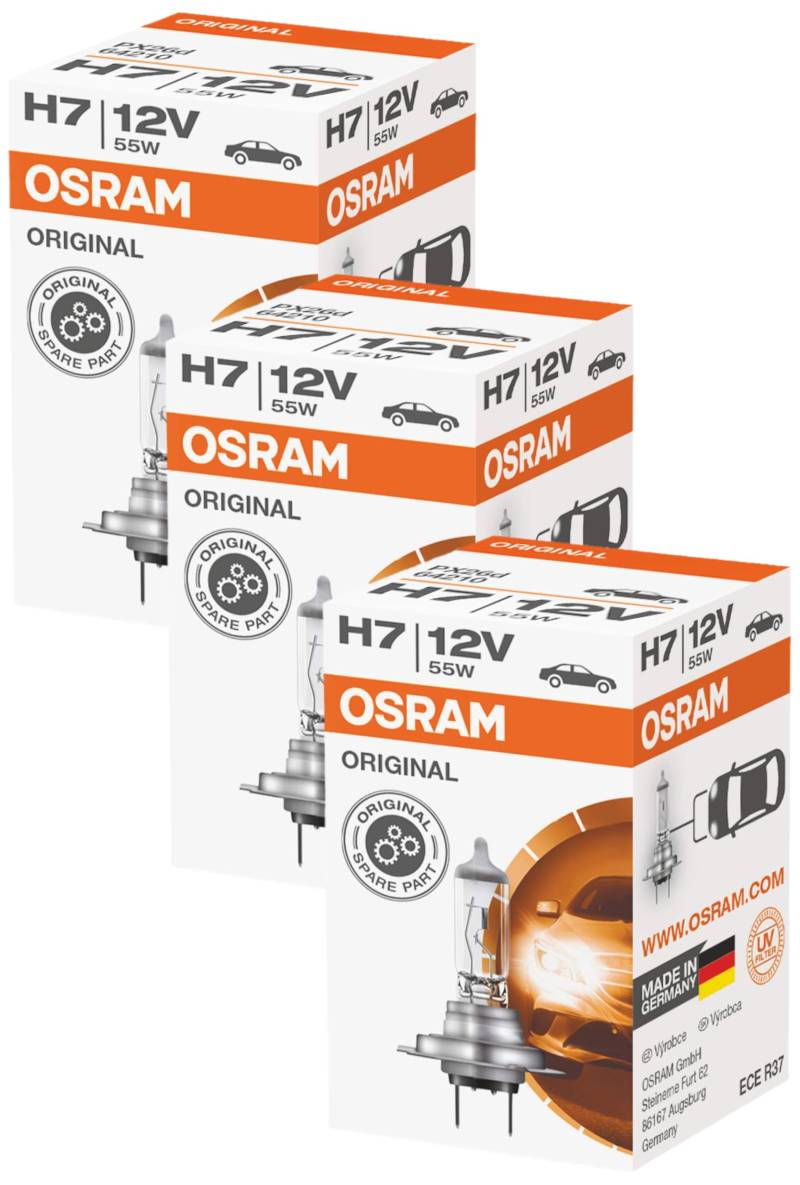 Osram ORIGINAL H7, Halogen-Scheinwerferlampe, 64210, 12V PKW, Faltschachtel (1 Stück) (Packung mit 3) von Osram