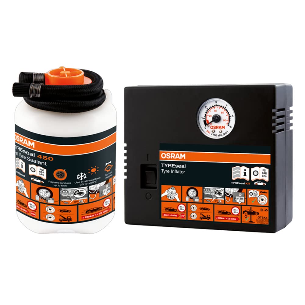 OSRAM TYREseal Kit, Reifendichtmittel 450 ml und analoger Reifenkompressor, Reifenreparatur Set, Reparatur in 10 Minuten OSRAM TYREseal Kit, Reifendichtmittel 450 ml und analoger Reifenkompressor, Reifenreparatur Set, Reparatur in 10 Minuten von Osram