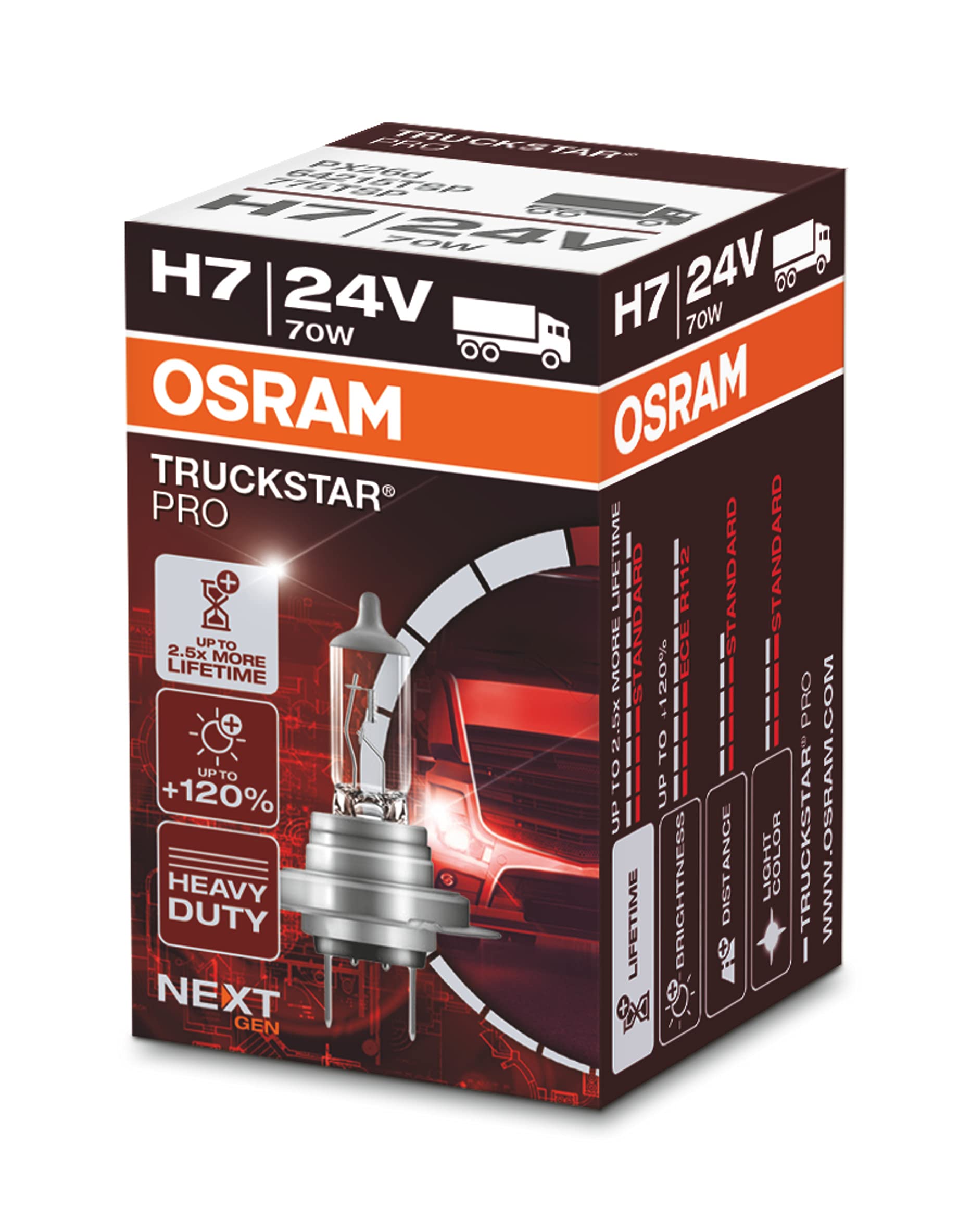 OSRAM 64215TSP Truckstar PRO H7, 120 Prozent mehr Helligkeit, Halogen Scheinwerferlampe, 24V LKW Lampe, Faltschachtel (1 Lampe) von Osram