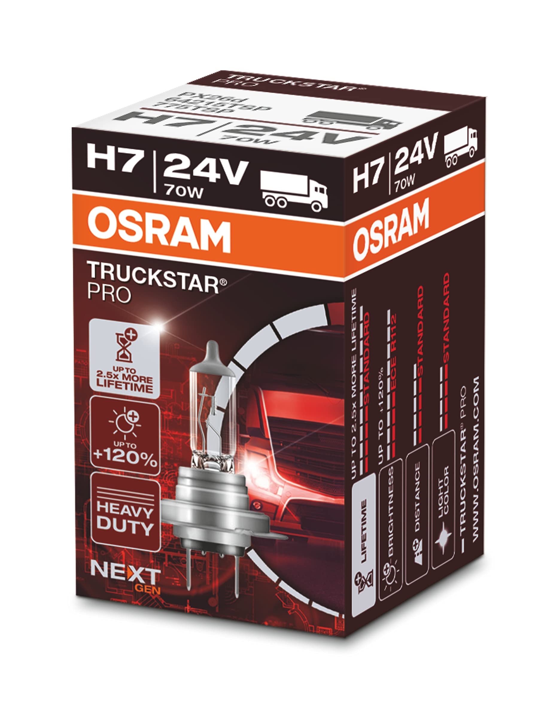 OSRAM 64215TSP Truckstar PRO H7, +120 Prozent mehr Helligkeit, Halogen Scheinwerferlampe, 24V LKW Lampe, Faltschachtel (1 Lampe) von Osram