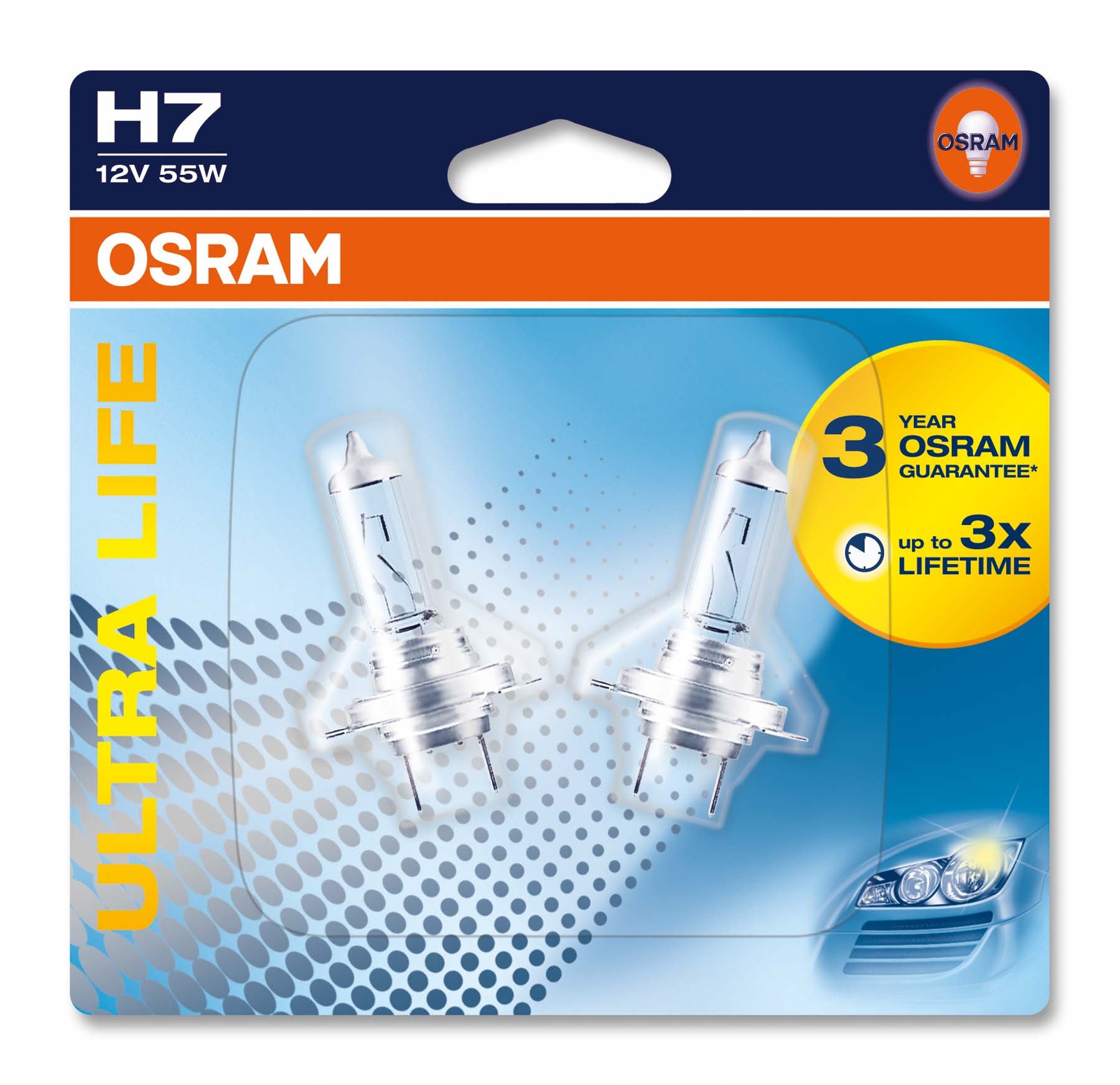 Osram ULTRA LIFE H7, Halogen-Scheinwerferlampe, 64210ULT-02B, 12V, Doppelblister von Osram