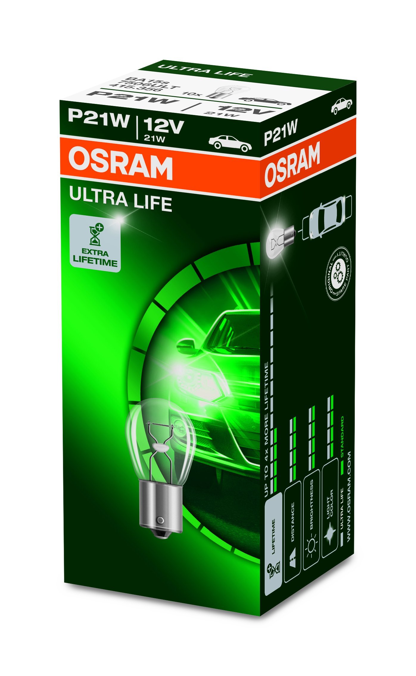 Osram ULTRA LIFE P21W, Halogen-Signallampe, Bremslicht, Nebenschlussleuchte, 7506ULT, 12V PKW, Faltschachtel (10 Stück) von Osram