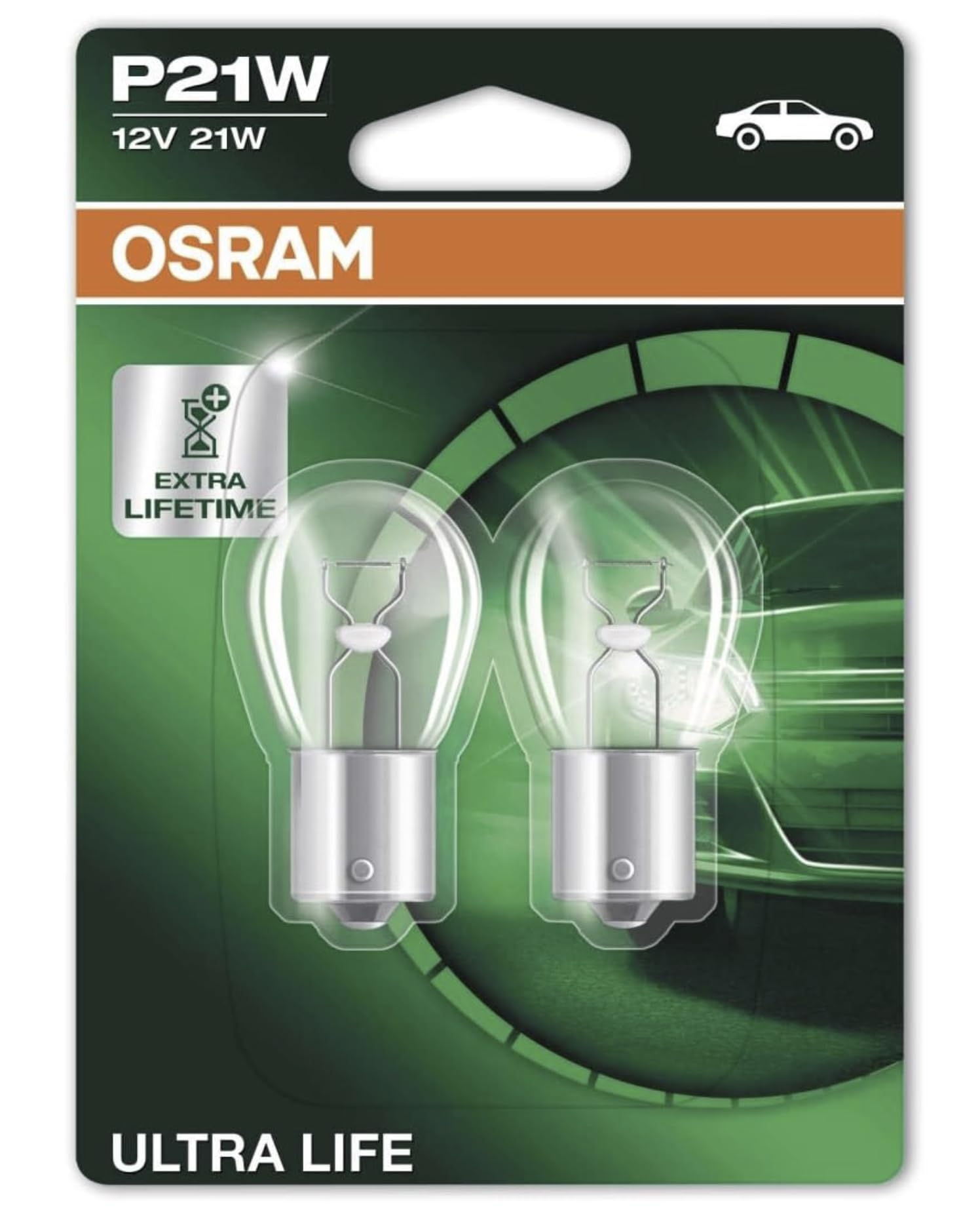 Osram ULTRA LIFE P21W, Halogen-Signallampe, Bremslicht, Nebelschlussleuchte, 7506ULT-02B, 12V PKW, Doppelblister (2 Stück) von Osram