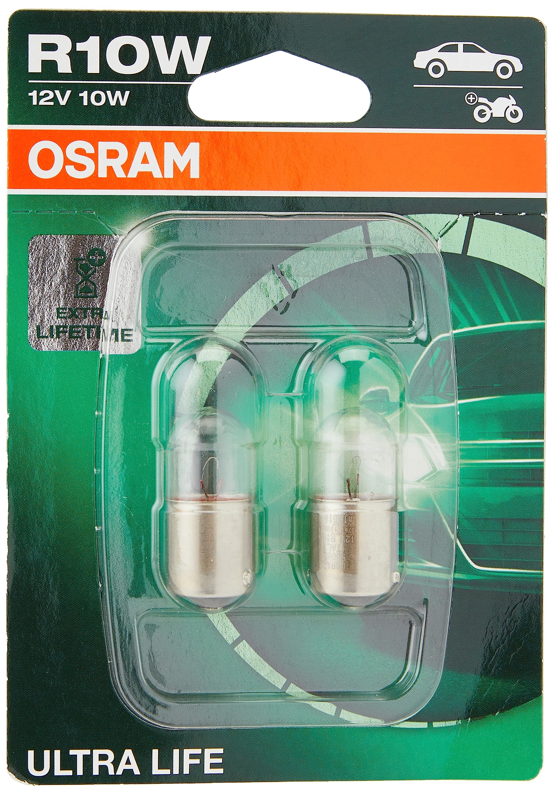 Osram ULTRA LIFE R10W Halogen, Schluss-, Kennzeichen-, Park- und Positionslicht, 5008ULT-02B, 12V PKW, Doppelblister (2 Stück) von Osram