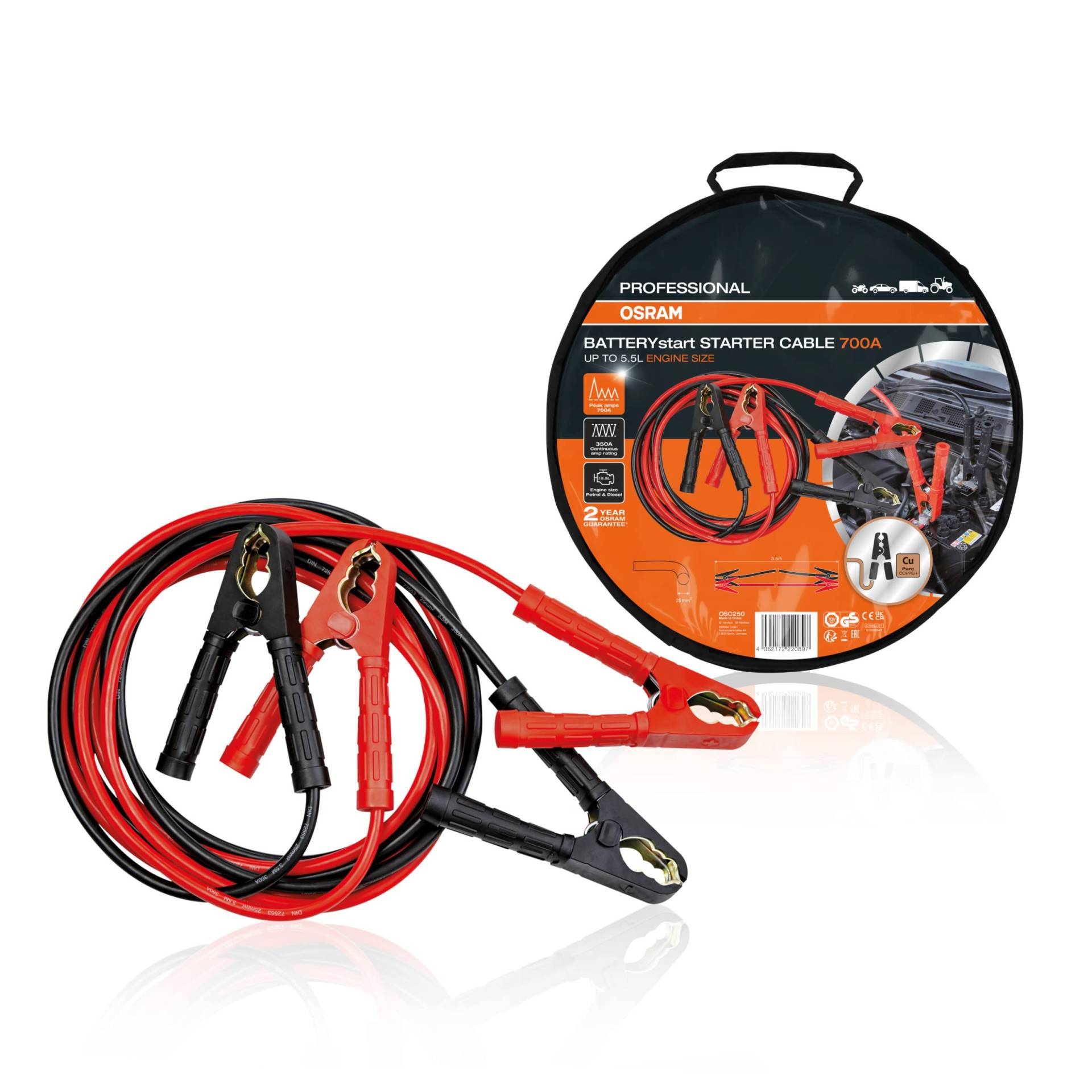PROFESSIONAL OSRAM STARTER CABLE 700A, Starthilfekabel für Benzin- & Dieselmotoren, 12/24V, OSC250, Überbrückungskabel für ≤5,5L Motoren, reines mehrstängiges Kupferkabel, 3,5m PROFESSIONAL OSRAM STARTER CABLE 700A, Starthilfekabel für Benzin- & Dieselmotoren, 12/24V, OSC250, Überbrückungskabel für ≤5,5L Motoren, reines mehrstängiges Kupferkabel, 3,5m von Osram