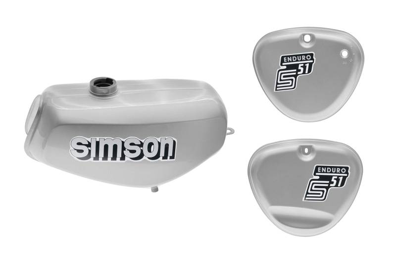 Set Tank mit Seitendeckel S51E ENDURO Silber versiegelt mit Aufkleber Simson von Ost2rad