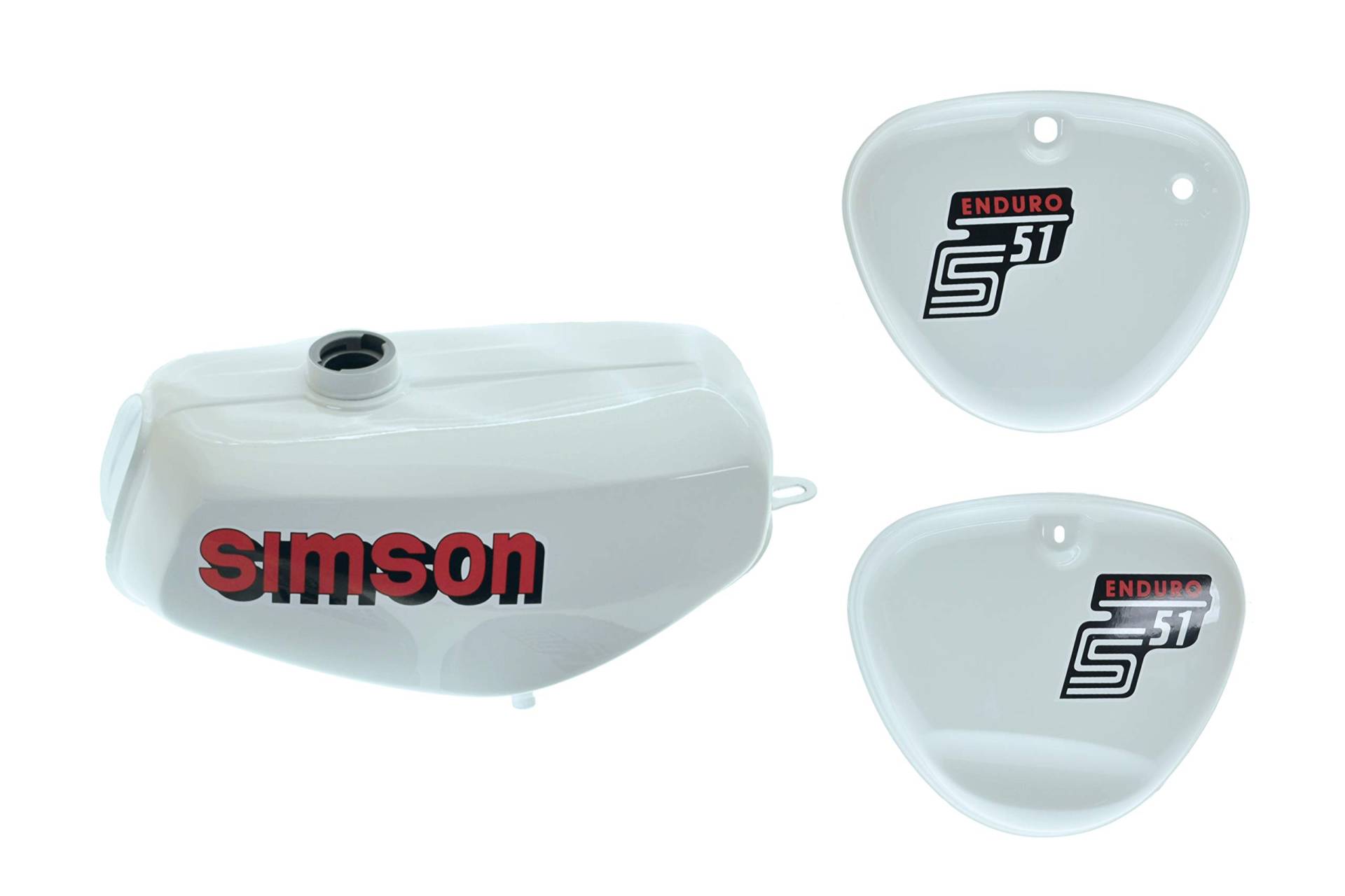 Tank Set S51E Enduro Weiss, innen versiegelt mit Aufkleber Simson, mit Deckel Tank Set S51E Enduro Weiss, innen versiegelt mit Aufkleber Simson, mit Deckel von Ost2rad