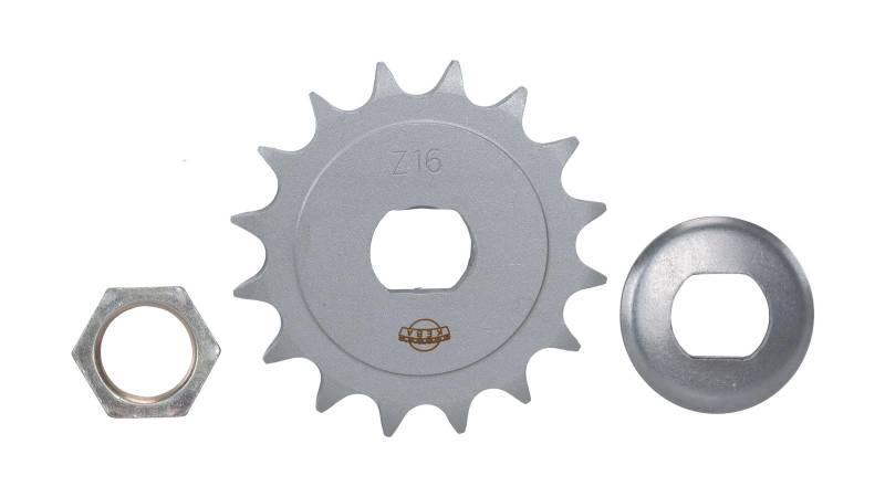 Set: Ritzel vorn, 16 Zähne, Sicherungsblech und Mutter M18x1,5 für Simson* SR50, S70 von OstOase GmbH