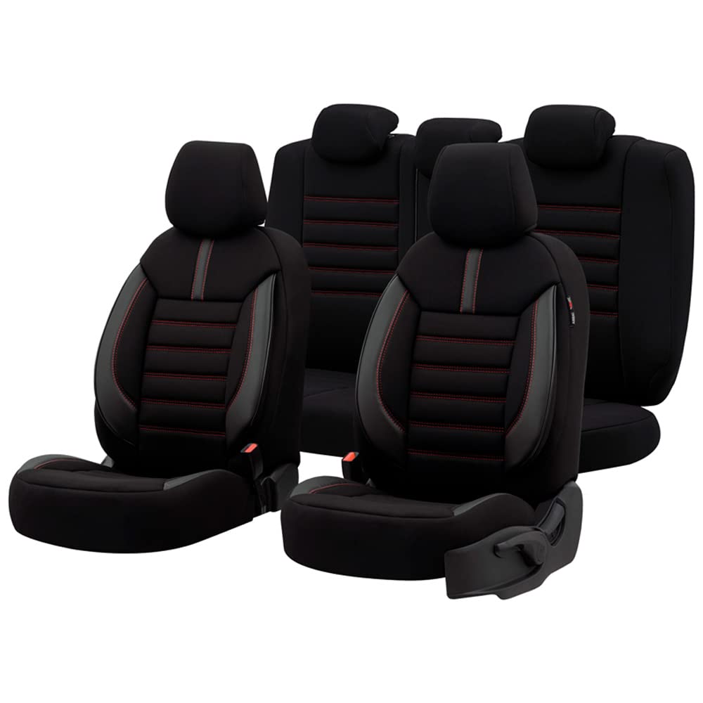 otoM Universelle Stoff/Leder Sitzbezüge 'Limited' Schwarz + Rote Nähten- 11-Teilig- - kompatibel mit Side-Airbags von OtoM