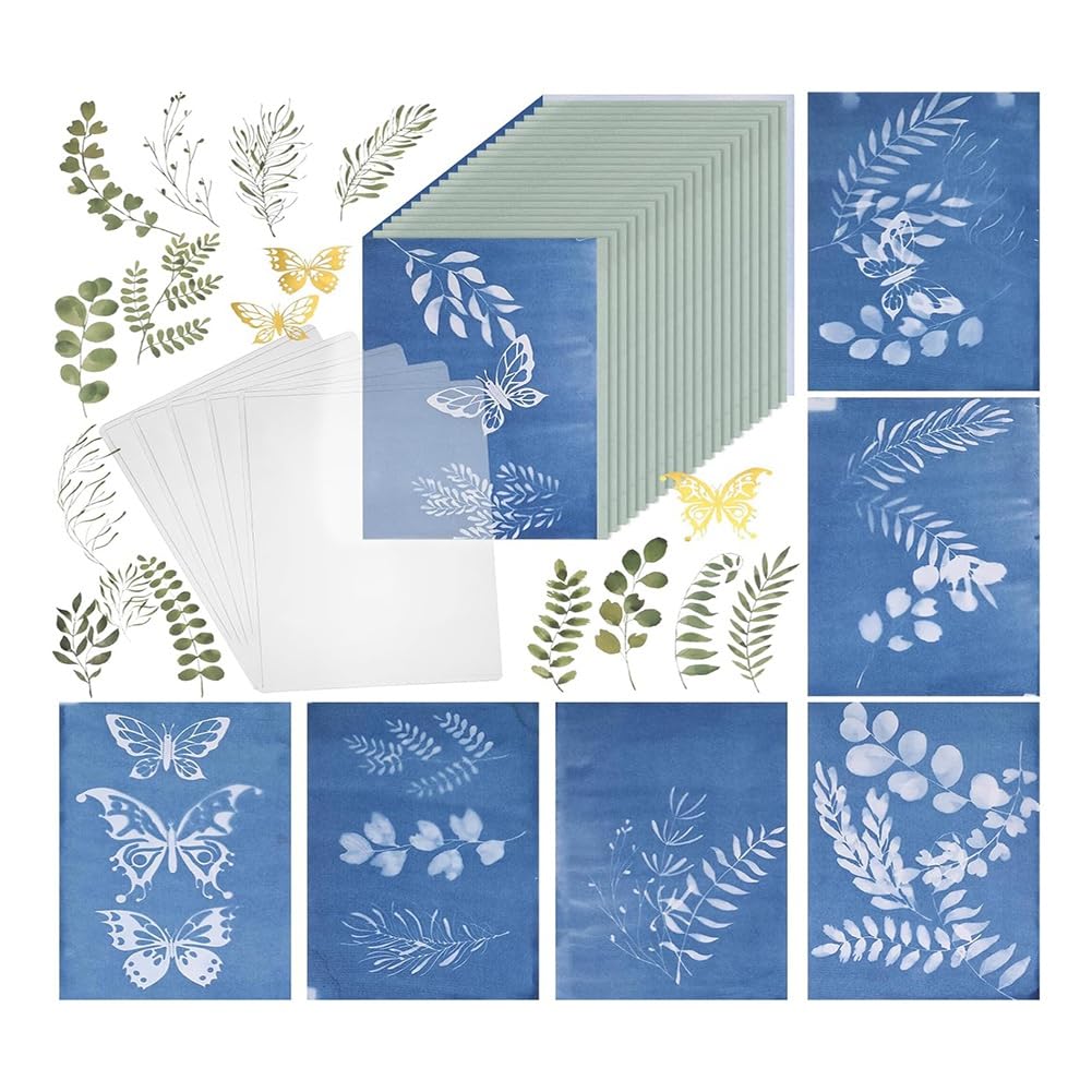 Otueidnsy 100-Teiliges Bedruckbares Papierset Aus Blaugrünem Papier mit Sonne, 10 Durchsichtigen Plastikbögen und Blatt-Schmetterlings-Vorlage, Papierbasteln zum Selbermachen von Otueidnsy