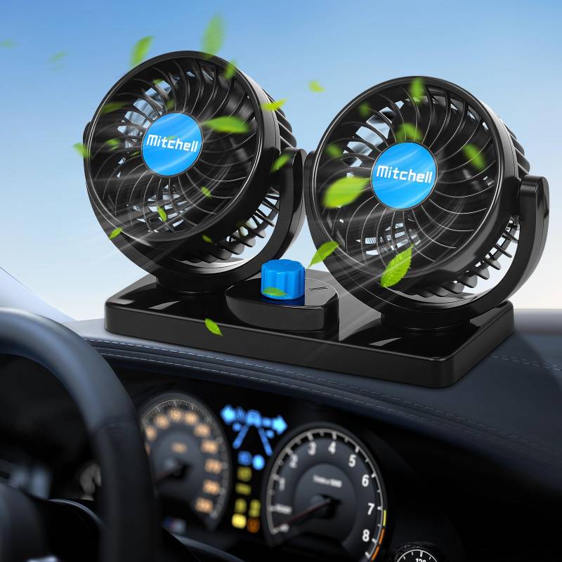 Otyzery Auto Ventilator 12V, Doppelköpfiger 360° Drehbarer Lüfter mit 2 Geschwindigkeiten, Einstellbarer Zigarettenanzünder-Anschluss für LKW, SUV, Van, RV, Leiser Sommerlüfter für Auto und Boot von Otyzery