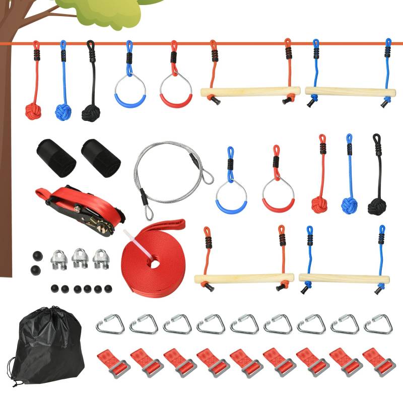 Outsunny Ninja Slackline-Set 30 TLG., 10 m Seil mit Hindernissen, Klettergerüst, Outdoor Klettertraining, Spielset Ausrüstung für 3-6 Jahre Kinder, Gymnastikringe, Seile, Mehrfarbig von Outsunny