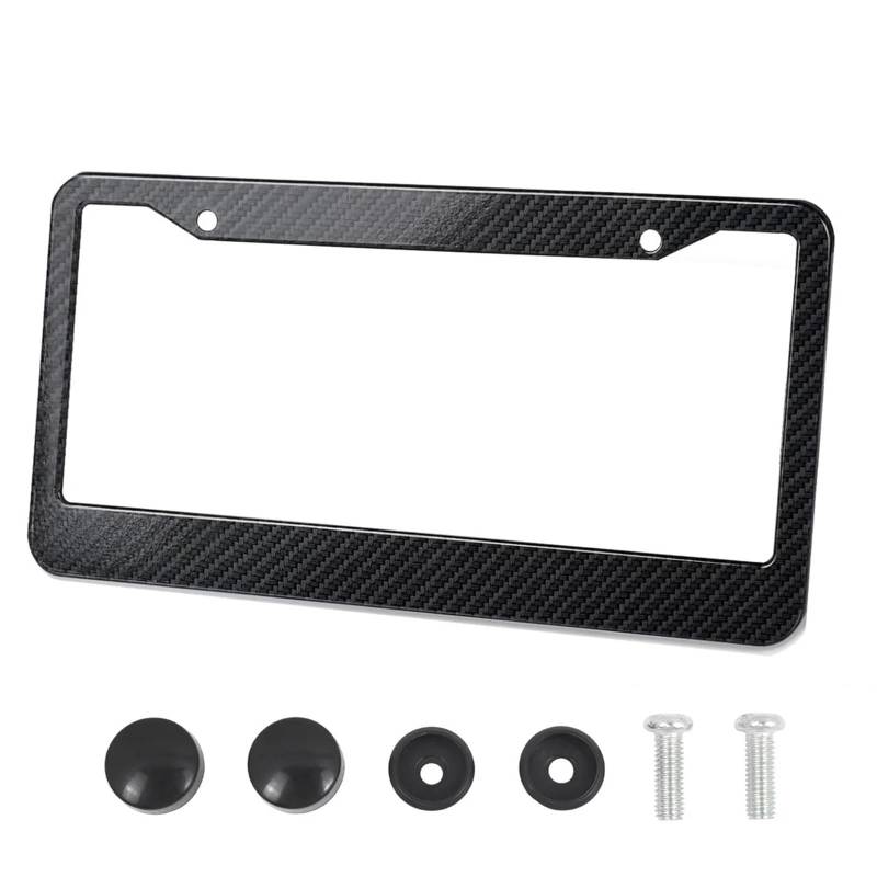 Nummernschildrahmenabdeckung aus Aluminiumlegierung, 2 Löcher for den Nummernschildhalter vorne und hinten, mit Schraubenkappen, silberfarben(Carbon Fiber) von Ouxk