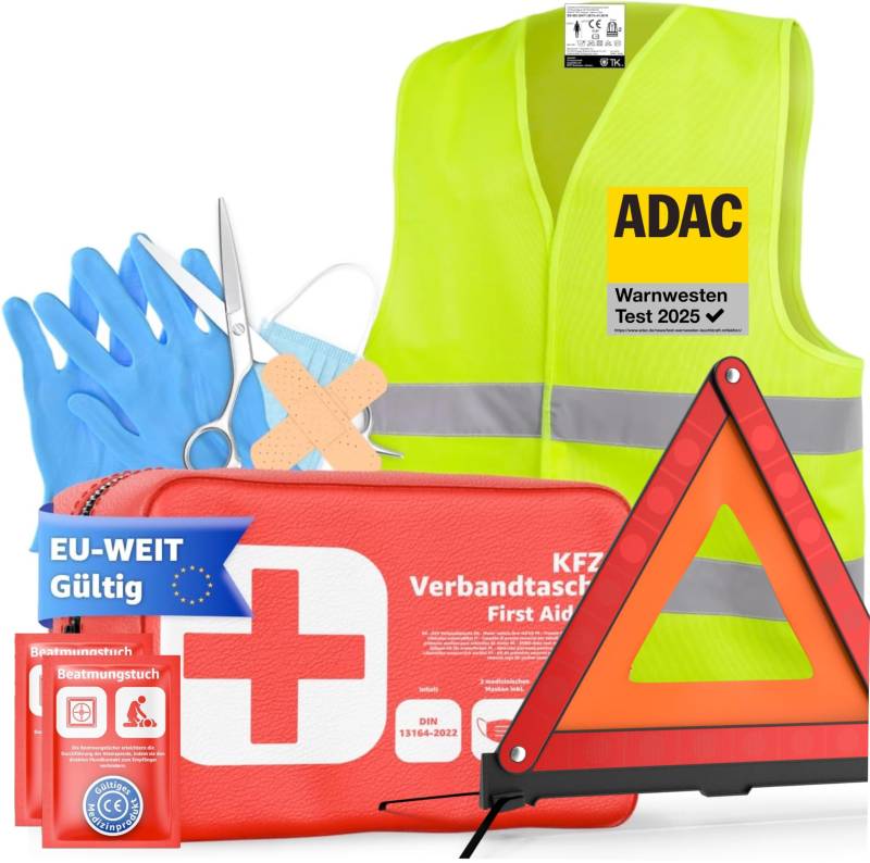 3 in 1- Set KFZ Pannenset geprüft 2025 & Autozubehör - Auto Erste Hilfe Set mit Verbandskasten & Warnweste & Warndreieck für StVO von OwnWheel