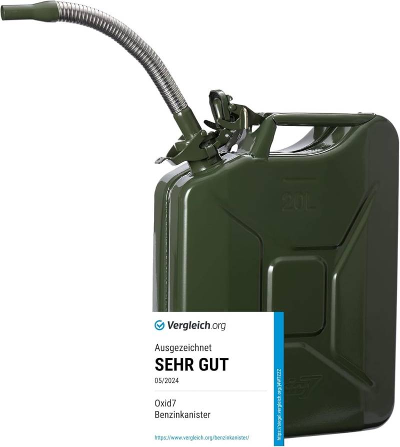 Oxid7 Benzinkanister aus Metall 20 Liter inkl. Ausgießer silber flexibel, UN-Zulassung | Kraftstoffkanister für Benzin, Diesel & Bio-Ethanol geeignet [Olivgrün] von Oxid7