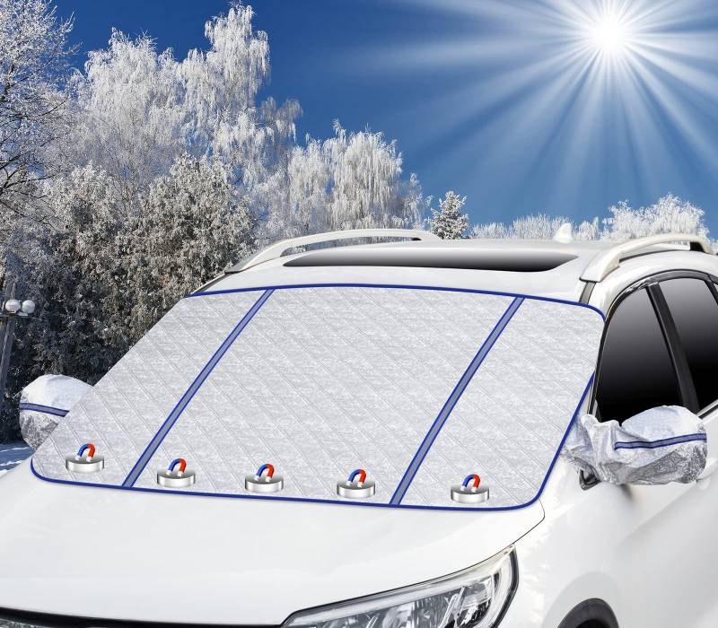 Oziral Auto Frontscheiben Sonnenschutz Magnet Hitzeschutz UV-Schutz Auto Sonnenschirm mit Zwei Spiegelabdeckungen Sonnenlicht-Aluminium Frostsicher Staubdicht Scheibenwischer UV-Schutz 105 * 145CM von Oziral
