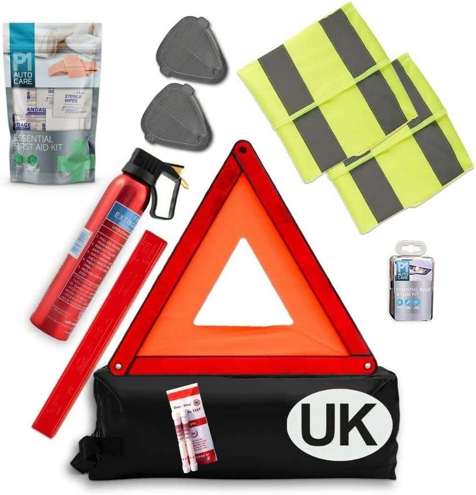 P1 Autocare europäisches Reiseset, mit 0,6-kg-Feuerlöscher, Warndreieck, 2 Warnwesten, Glühlampenset, NF-Alkoholtester, Erste-Hilfe-Set, Rückstrahler, UK-Plakette und Aufbewahrungskoffer P1 Autocare europäisches Reiseset, mit 0,6-kg-Feuerlöscher, Warndreieck, 2 Warnwesten, Glühlampenset, NF-Alkoholtester, Erste-Hilfe-Set, Rückstrahler, UK-Plakette und Aufbewahrungskoffer von P1 Auto Care