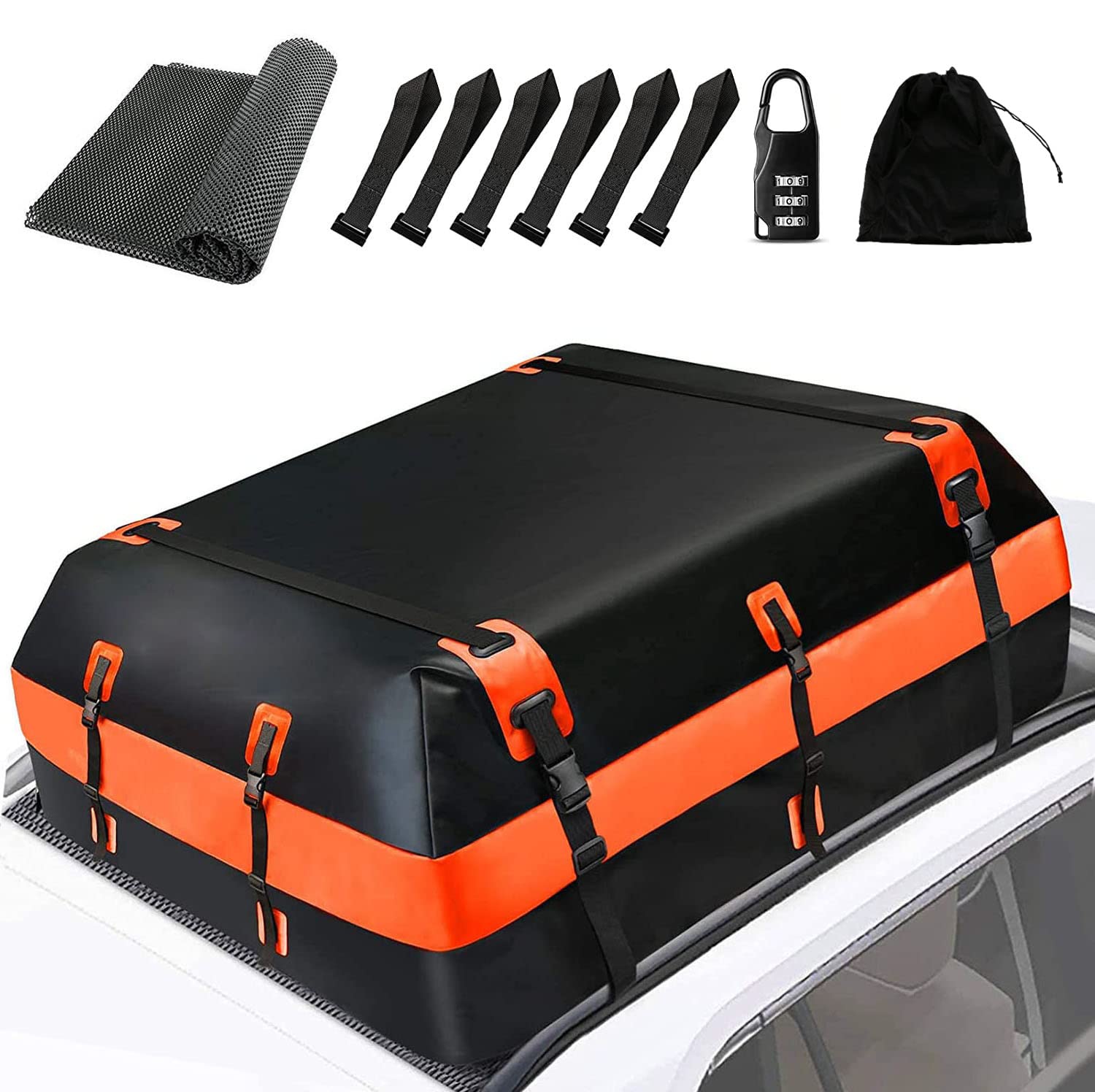 Dachbox Auto,425 Liter Wasserdicht Faltbare Gepäckbox mit Anti-Rutsch Matte + 6 Türhaken,geeignet für PKW, Vans oder SUVs mit/ohne Gepäckträger von PACEWALKER