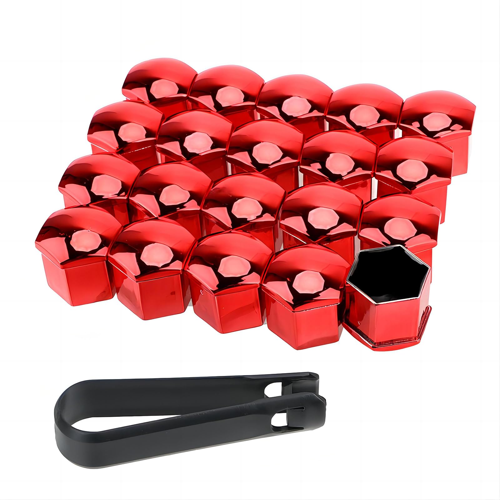 PAITOK Radmutterkappe, 20 Stück Universal Chrom Kunststoff Radbolzenmutternabdeckungen Radmutterabdeckungen mit Entfernungswerkzeug-Set für Autos (Rot, 19mm) von PAITOK