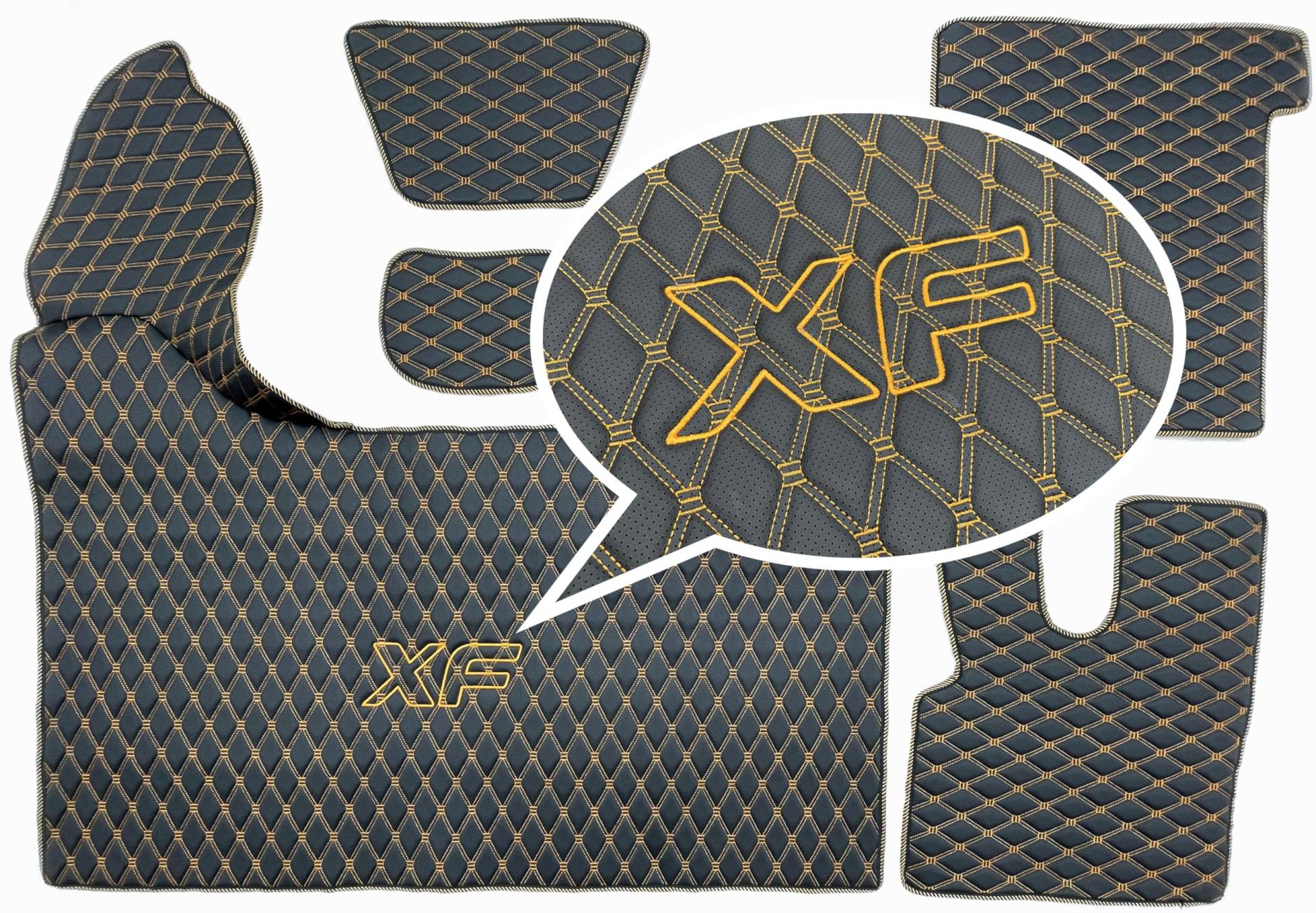 Fußmatten, Automatten LKW Gesteppt für DAF 106 XF AUTOMAT 2018+ mit Logo-Stickerei (Schwarz-Gold Perforiert) von PAKRO.PL