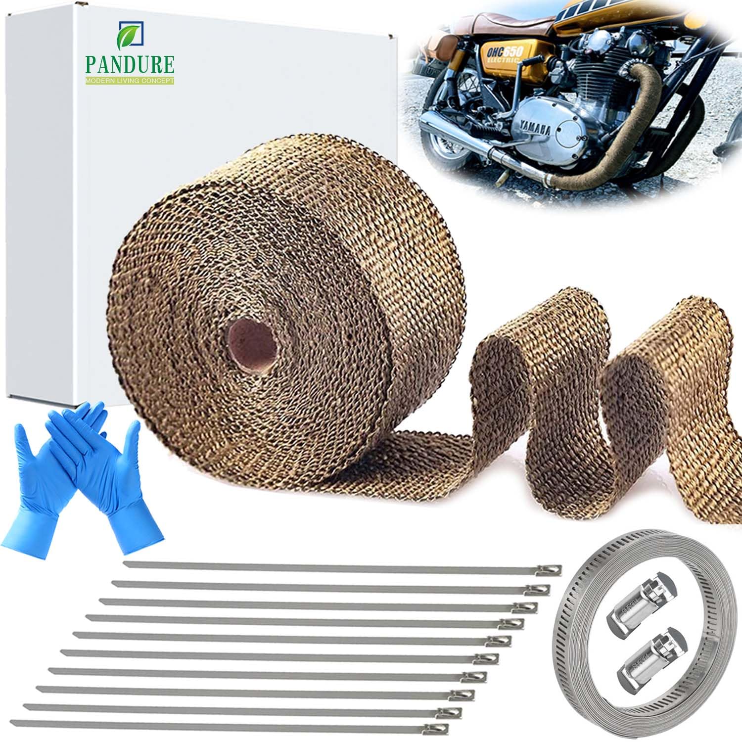 Hitzeschutzband für Motorrad- und Auto-Auspuff, Titan-Fiberglas-Hitzeschutzband mit Edelstahl-Schlauchschellen (Titan, 60 x 150 cm) von PANDURE MODERN LIVING CONCEPT