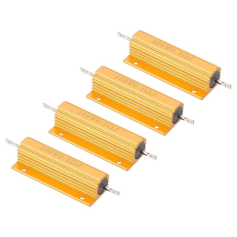 PATIKIL 100W 0,1 Ohm Widerstand Sortiment Kit Aluminium Gehäuse Widerstände Set, 4 Stück Aluminum Widerstand Set mit Schrauben Draht Widerstände Resistor Kit mit 5% Toleranz, Golden von PATIKIL