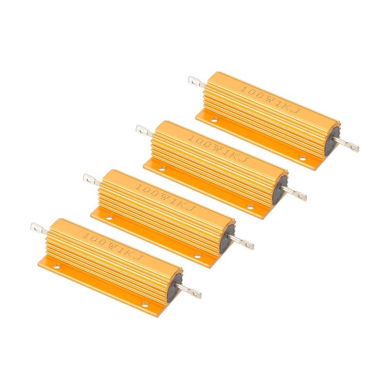 PATIKIL 100W 1K Ohm Widerstand Sortiment Kit Aluminium Gehäuse Widerstände Set, 4 Stück Aluminum Widerstand Set mit Schrauben Draht Widerstände Resistor Kit mit 5% Toleranz, Golden von PATIKIL