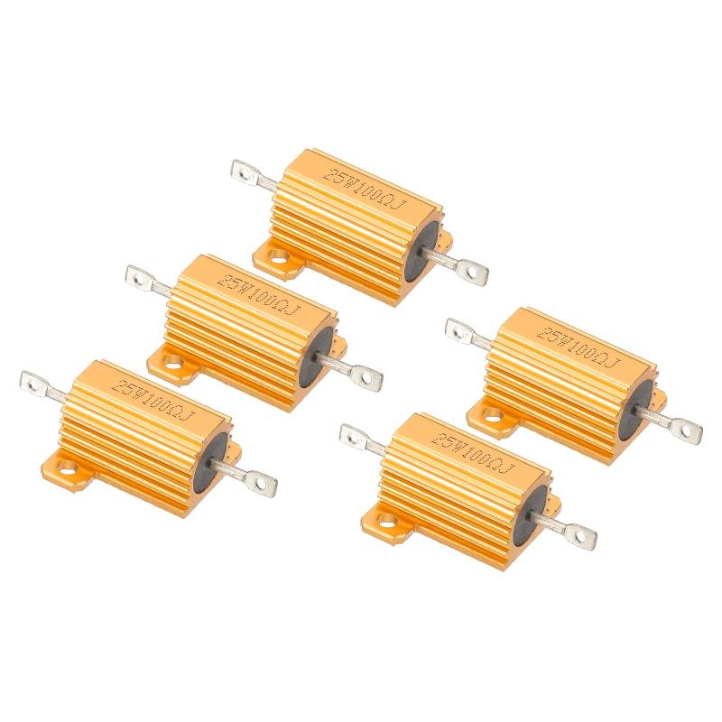 PATIKIL 25W 100 Ohm Aluminum Gehäuse Widerstände Set, 5 Stück Aluminum Widerstand Set mit Schrauben Drahtgewickelte Potentiometer Leistung Widerstand Sortiment 5% Toleranz, Golden von PATIKIL