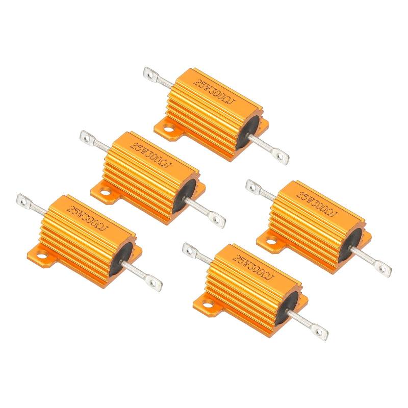 PATIKIL 25W 300 Ohm Aluminum Gehäuse Widerstände Set, 5 Stück Aluminum Widerstand Set mit Schrauben Drahtgewickelte Potentiometer Leistung Widerstand Sortiment 5% Toleranz, Golden von PATIKIL