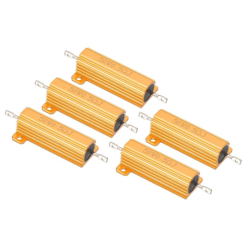 PATIKIL 50W 0,5 Ohm Aluminum Gehäuse Widerstände Set, 5 Stück Aluminum Widerstand Set mit Schrauben Drahtgewickelte Potentiometer Leistung Widerstand Sortiment 5% Toleranz, Golden von PATIKIL