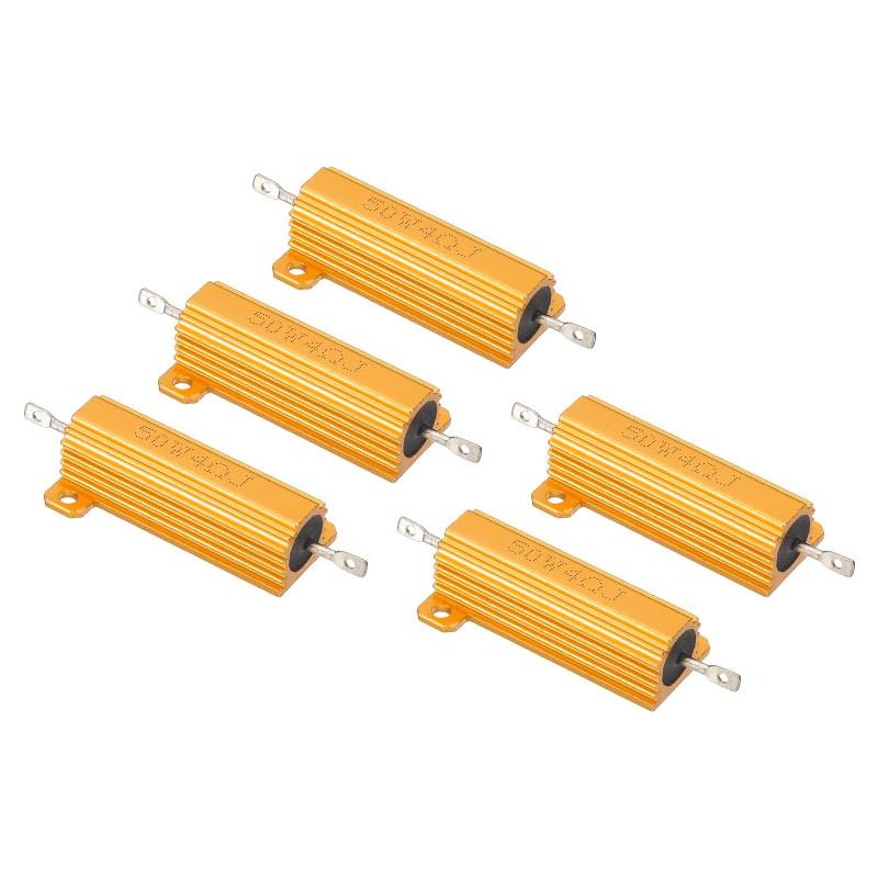 PATIKIL 50W 4 Ohm Aluminum Gehäuse Widerstände Set, 5 Stück Aluminum Widerstand Set mit Schrauben Drahtgewickelte Potentiometer Leistung Widerstand Sortiment 5% Toleranz, Golden von PATIKIL