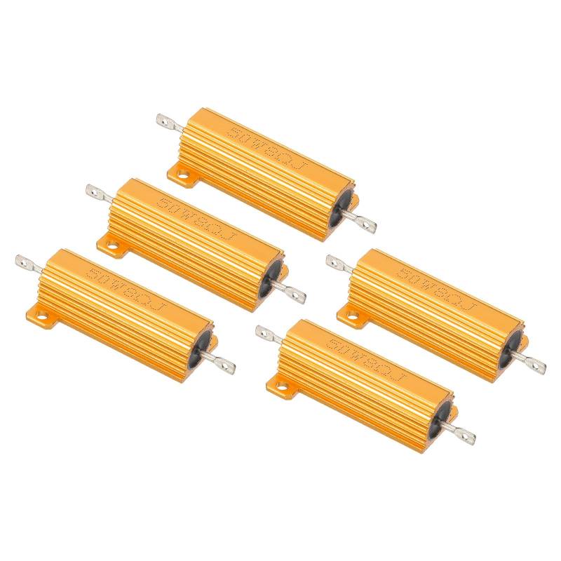 PATIKIL 50W 8 Ohm Aluminum Gehäuse Widerstände Set, 5 Stück Aluminum Widerstand Set mit Schrauben Drahtgewickelte Potentiometer Leistung Widerstand Sortiment 5% Toleranz, Golden von PATIKIL