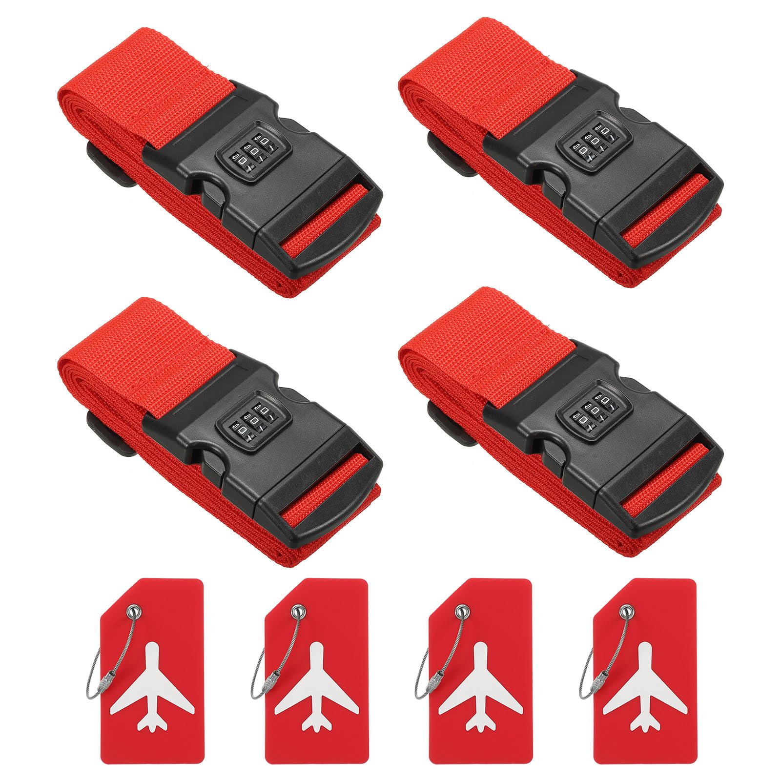 PATIKIL Koffergurt mit Zahlenschloss, Gepäckanhänger und Schlaufe, 78"x2", 4er-Set, Verstellbarer Kofferriemen zur Verschlussidentifizierung, Rot von PATIKIL