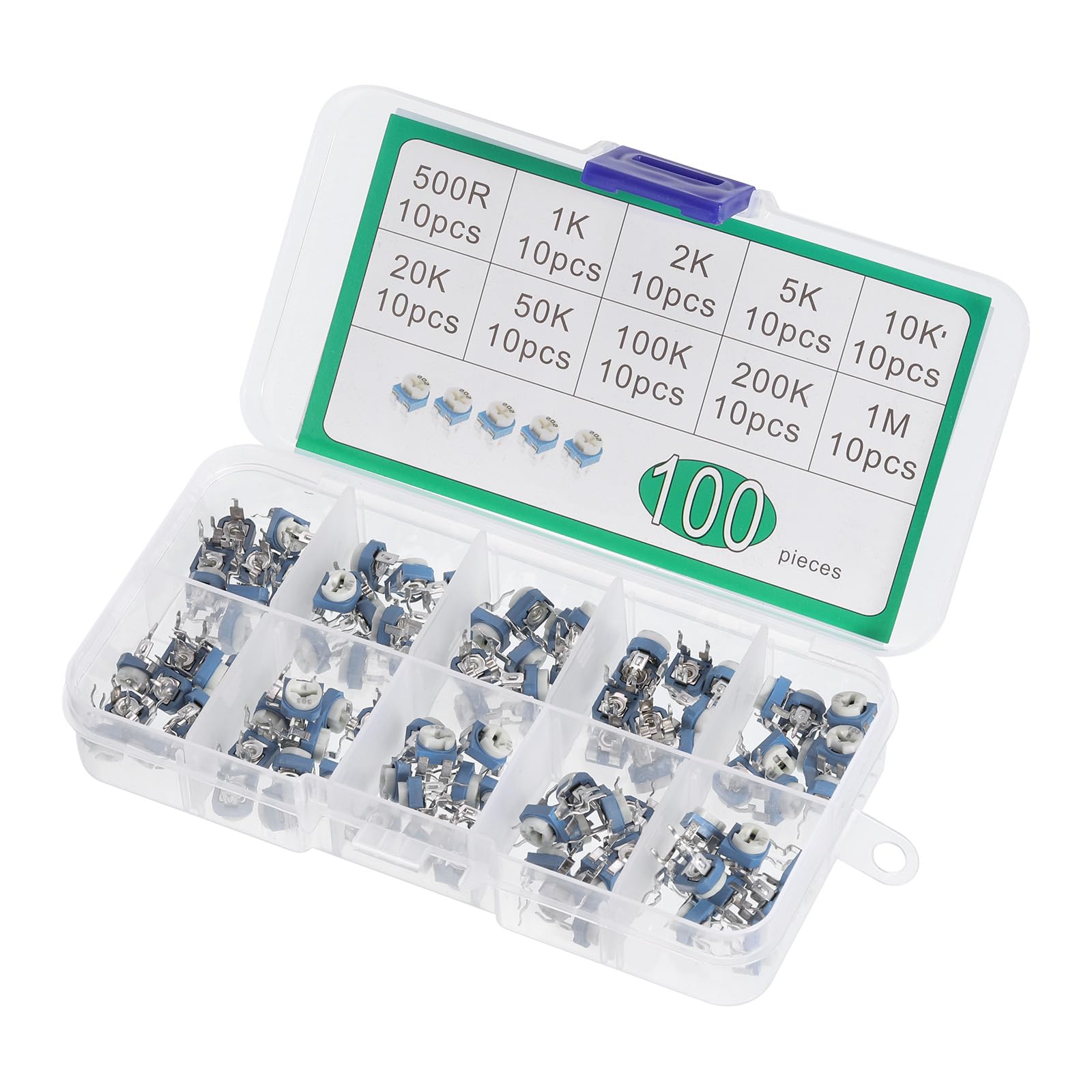 PATIKIL Variabel Widerstand Sortiert Kit 100Stk 500R bis 1M Ohm 10 Typen Trimmer Potentiometer Einstellung Sortiment Box für Elektrisch PATIKIL Variabel Widerstand Sortiert Kit 100Stk 500R bis 1M Ohm 10 Typen Trimmer Potentiometer Einstellung Sortiment Box für Elektrisch von PATIKIL
