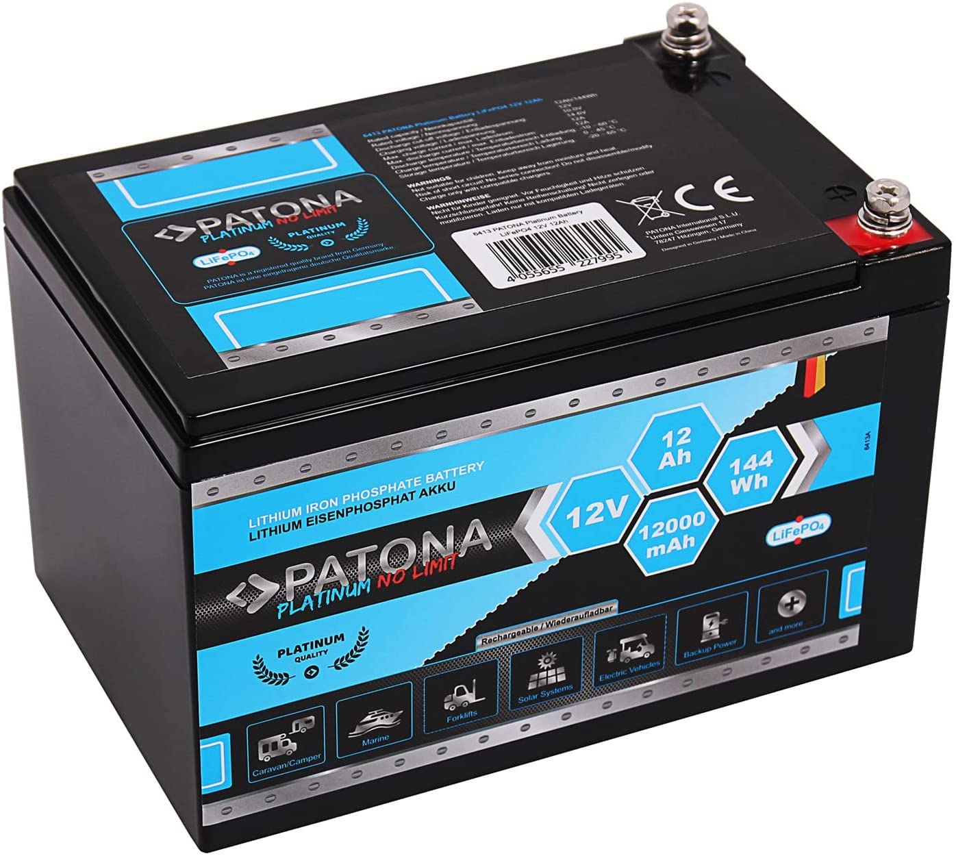 PATONA Platinum LiFePO4 Akku 12V 12Ah (144Wh) Versorgungsbatterie Traktionsbatterie mit Batterie Management System (BMS) von PATONA