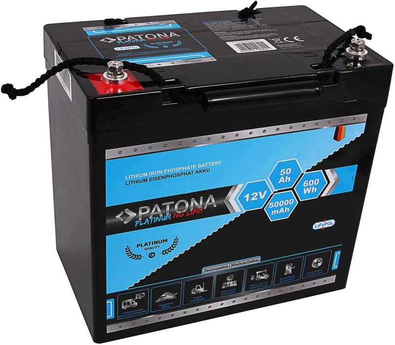 PATONA Platinum LiFePO4 Akku 12V 50Ah (600Wh) Versorgungsbatterie Traktionsbatterie mit Batterie Management System (BMS) von PATONA