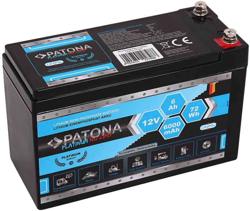 PATONA Platinum LiFePO4 Akku 12V 6Ah (72Wh) Versorgungsbatterie Traktionsbatterie mit Batterie Management System (BMS) von PATONA