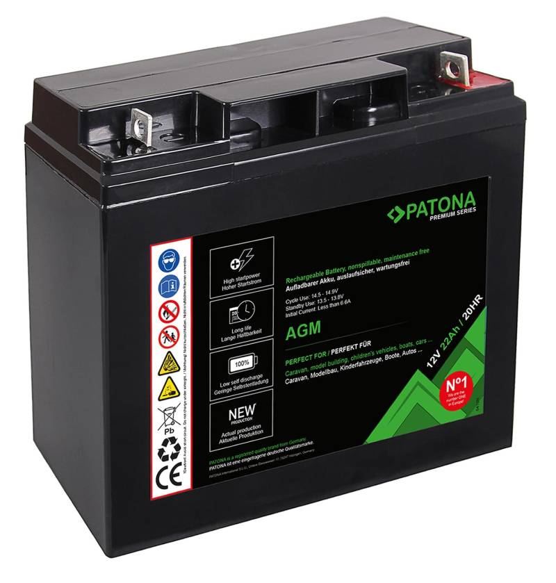PATONA Premium AGM Blei Akku 12V 22Ah | Zyklenfester Hochleistungsakku über 1800 Ladezyklen | Auslaufsichere Batterie, wartungsfrei, geringe Selbstentladung unter 3% | Rüttelfester Aufbau von PATONA