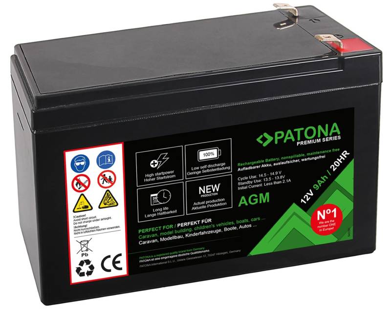 PATONA Premium AGM Blei Akku 12V 9Ah | Zyklenfester Hochleistungsakku über 1800 Ladezyklen | Auslaufsicher, wartungsfrei, geringe Selbstentladung unter 3% | Rüttelfester Aufbau | 150x64x95mm 2,4kg von PATONA