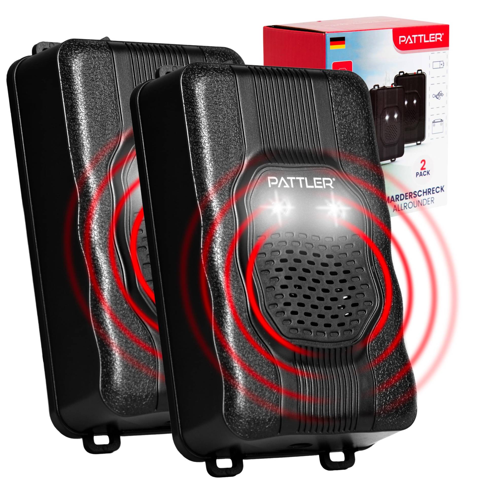 PATTLER® Marderschreck Auto mit Blitzlicht - Flexible Stromversorgung - 12V Autobatterie, AA-Batterie oder USB - Effektiver Marderschutz für Auto, Garten, Dachboden - 2 Stück von PATTLER
