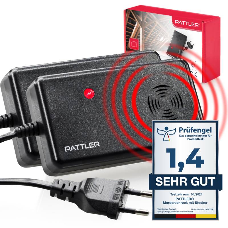 PATTLER ® Marderschreck Auto mit Stecker - für 60m². Marderschreck für Dachboden, Haus, Garten, Garage. Anschluss an Steckdose. Marderabwehr Dachboden mit Ultraschall - 2 Stück von PATTLER