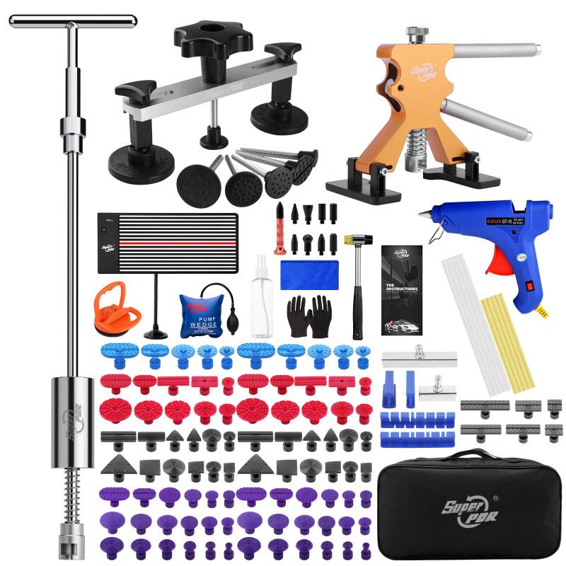 PDR TOOLS Dellen Reparaturset,Auto Dellen Reparatur Ausbeulwerkzeug Set mit USB-LED-Brett, 2 in 1 Gleithammer Dent Abzieher et al, Für Schäden durch große kleine Dellen,Knicke,Hagelschäden von PDR TOOLS