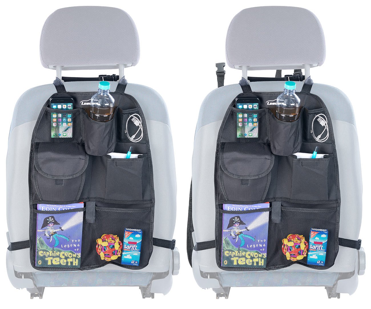 PEARL Autositz Organizer: 2er-Set Kfz-Rückenlehnen-Organizer für Spielzeug & Co., alle Fahrzeuge (Autositz Tasche Rückenlehne, Tasche für Rückenlehne Auto, Flaschenhalter) von PEARL