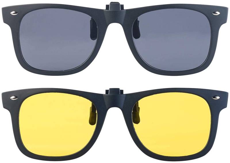 PEARL Sonnenclip Brille: 2er-Set Nachtsicht- und Sonnenbrillen-Clips, polarisiert, UV400 (Brillenaufsatz Sonnenschutz, Brillenaufsatz Sonnenbrille, Schutzbrille) von PEARL