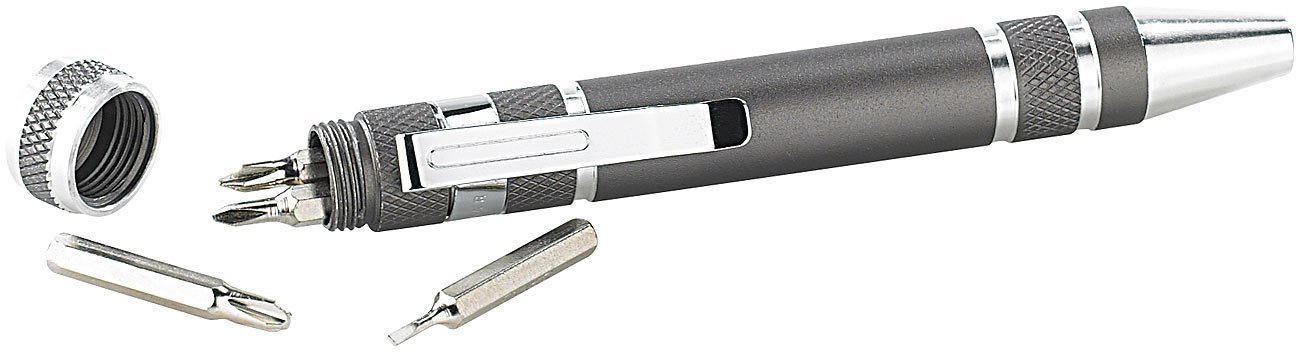 PEARL Multi Schraubenzieher: 8in1-Schraubendreher im Kugelschreiber-Design, 4x Kreuz und 4x Schlitz (Multifunktions Schraubendreher, Mini Schraubendreher, Feinmechaniker) von PEARL